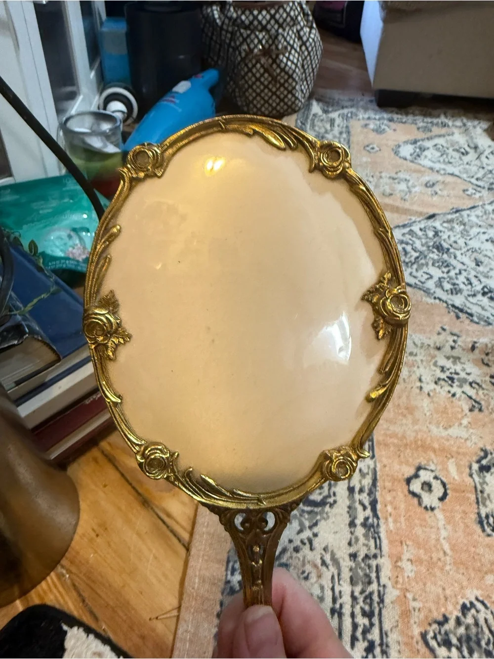 Vintage Hollywood regency ornate Gold Hand Mirror and Brush Set